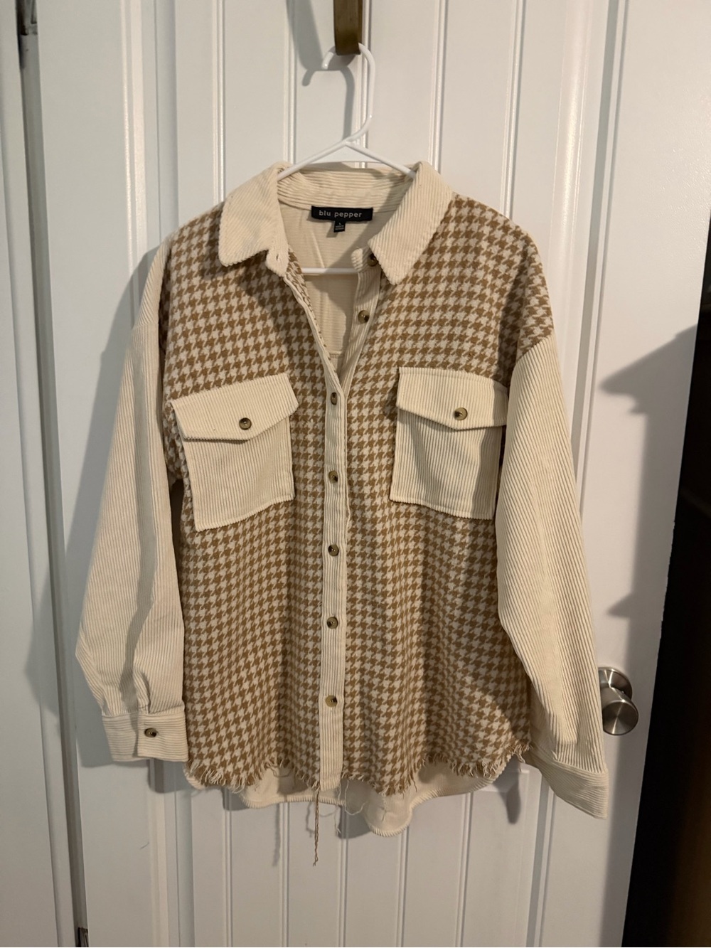 Blu Pepper Men’s Beige Houndstooth Corduroy Button-Up Shirt Jacket